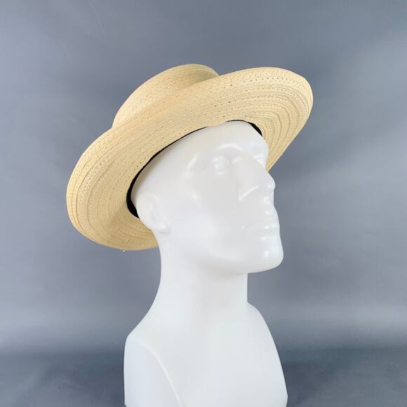VINTAGE Size L Beige Navy Red Ribbon Trim Woven Straw Hat - Picture 1 of 8